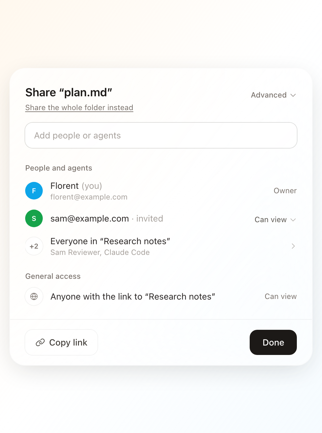 The Share window: the add box, people and agents, general access, Copy link and Done